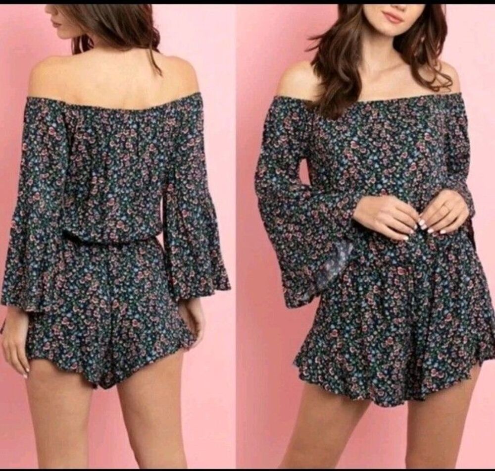 Sage Floral Off The Shoulder Romper Small Boho Bell Sleeve Summer Vacation Party